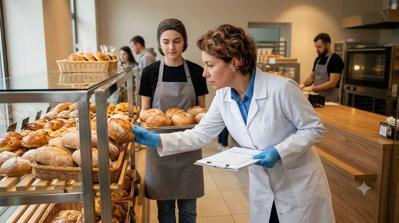 Аудитор контролює дотримання санітарних стандартів та викладки свіжої випічки у закладі БоХліб у 2026 році.